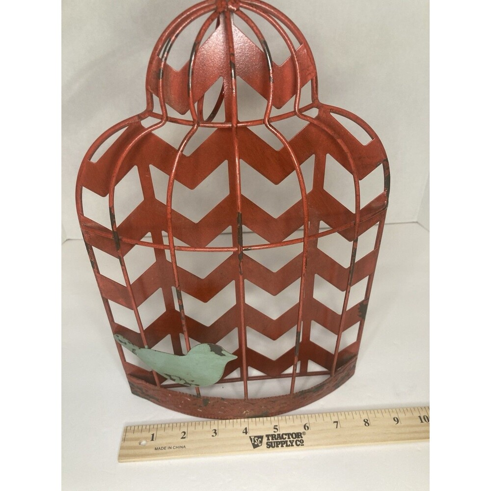 Rustic Bird Cage Red Teal Metal Wire Hanging Wall Mount Decorative Decor 13x8 - Picture 6 of 8